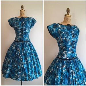 Vintage 1950s Teal Rose Cotton Party Dress 50s